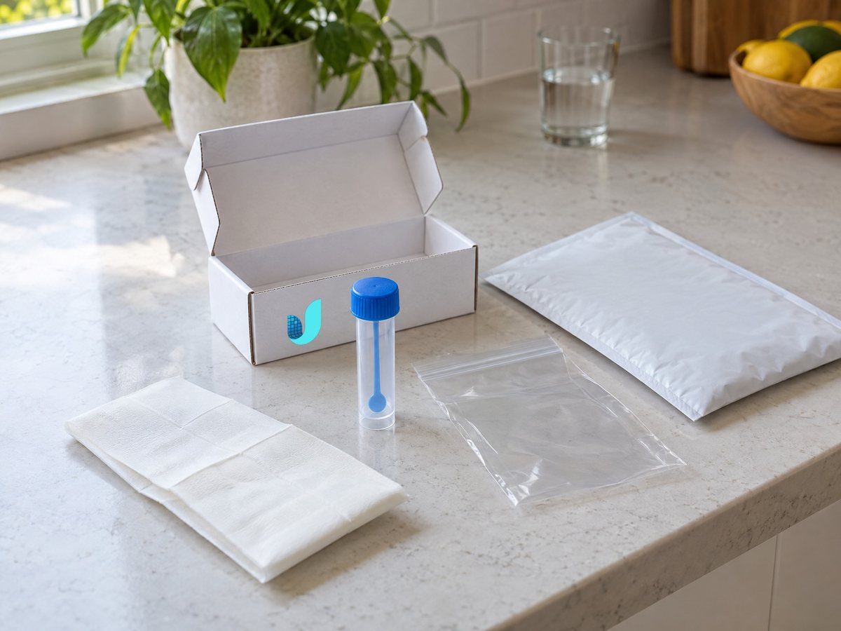 The mail-in stool test kit with its collection tube, specimen bag and return mailer