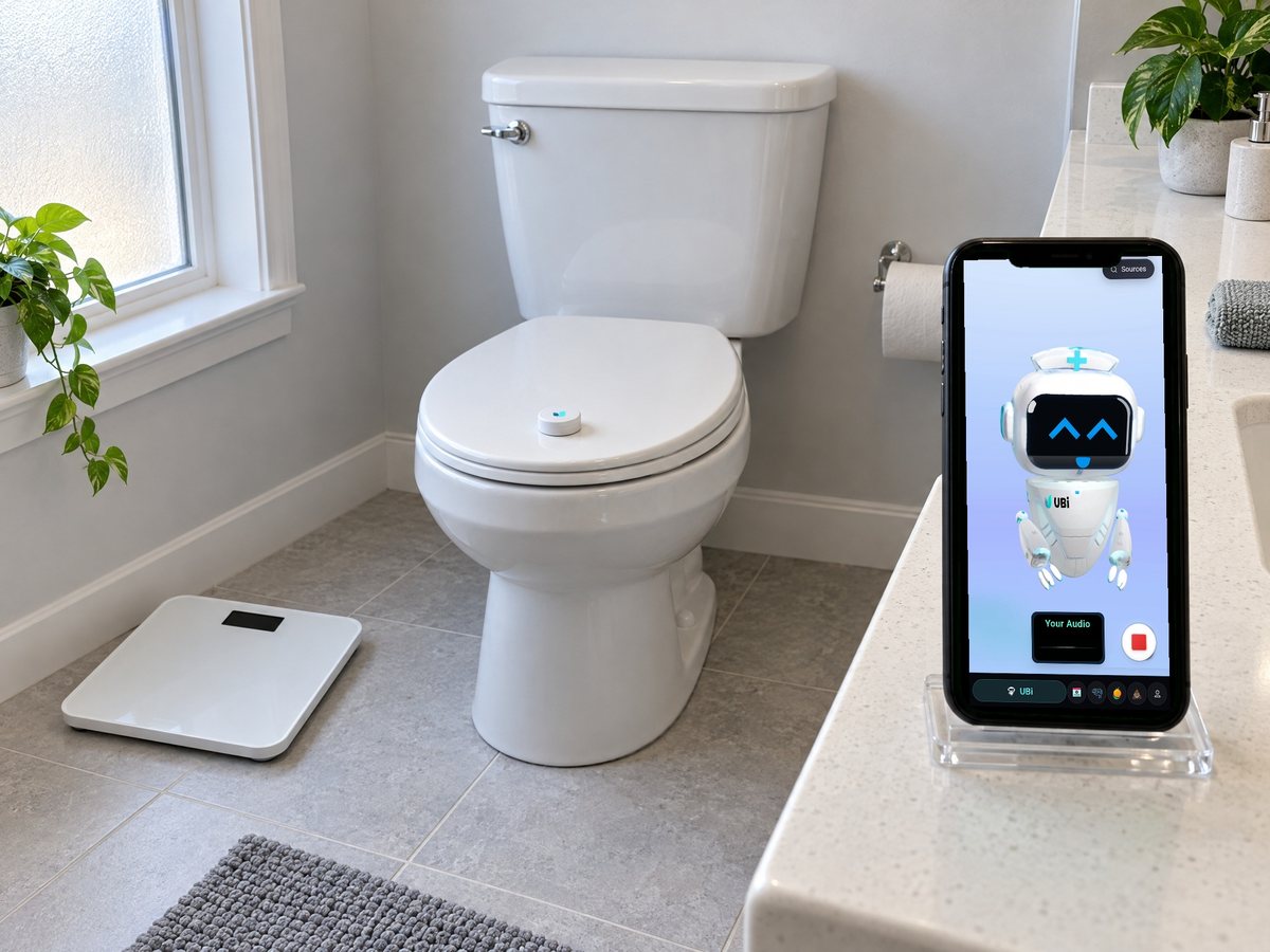 A smart scale on the floor and the small UBi sensor on the toilet lid, with UBi on a phone